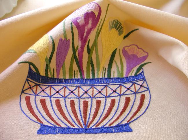 Adorable tablecloth with vibrant coloured and  hand-embroidered crocus