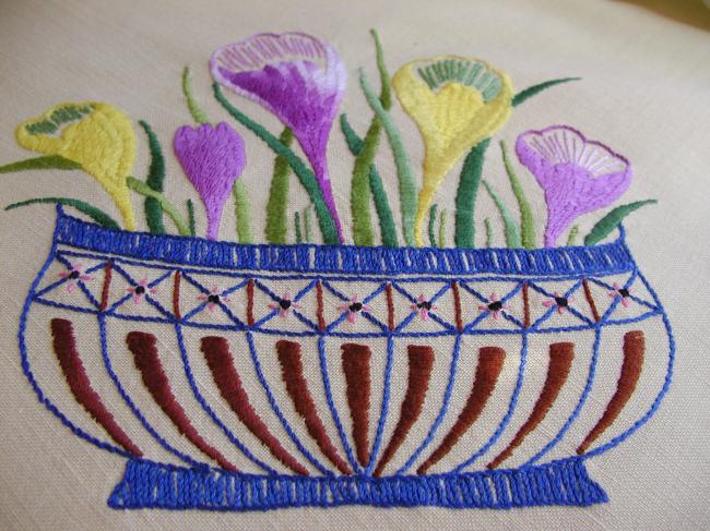 Adorable tablecloth with vibrant coloured and  hand-embroidered crocus