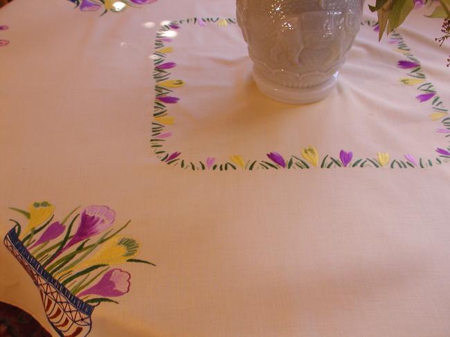 Adorable tablecloth with vibrant coloured and  hand-embroidered crocus