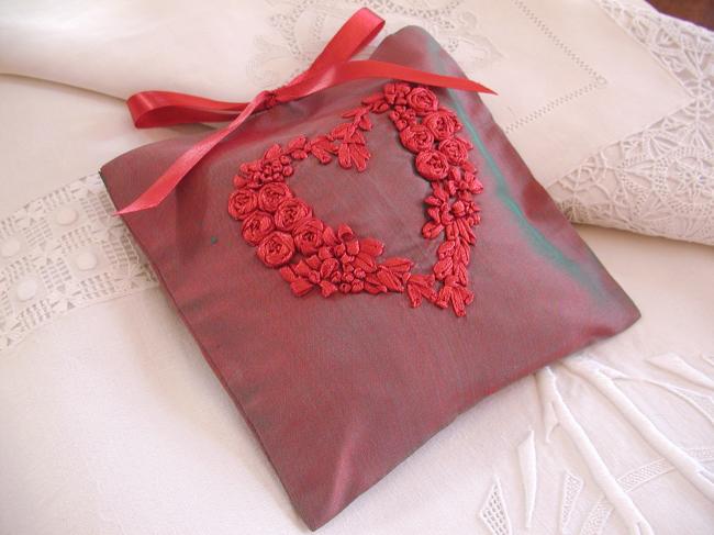 Luxurous lavander sachet in red silk with hand-embroidered heart