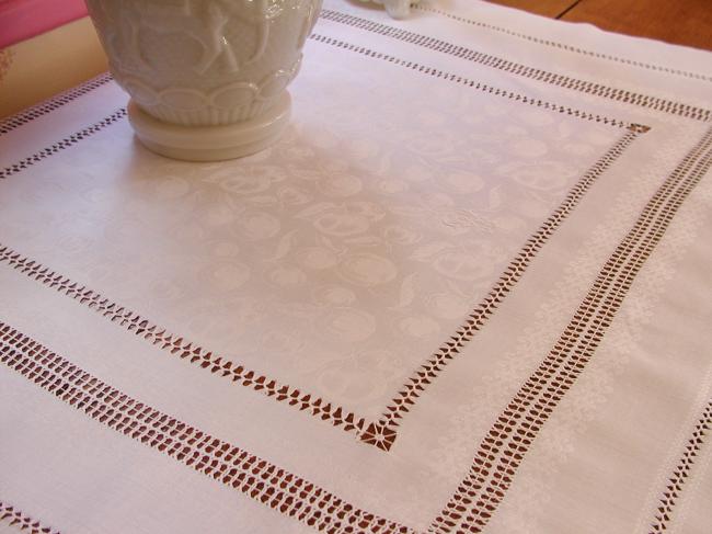 Adorable small damask tablecloth with fruits pattern & drawn thread works