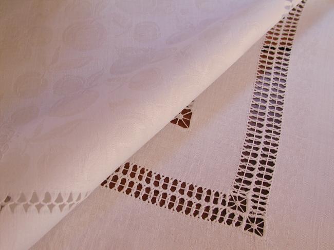 Adorable small damask tablecloth with fruits pattern & drawn thread works