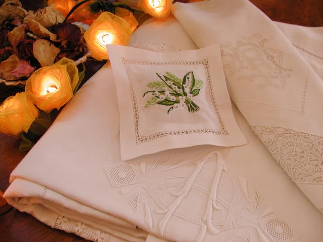 Sweet lavender sachet with hand-embroidered bouquet of lily of the valley