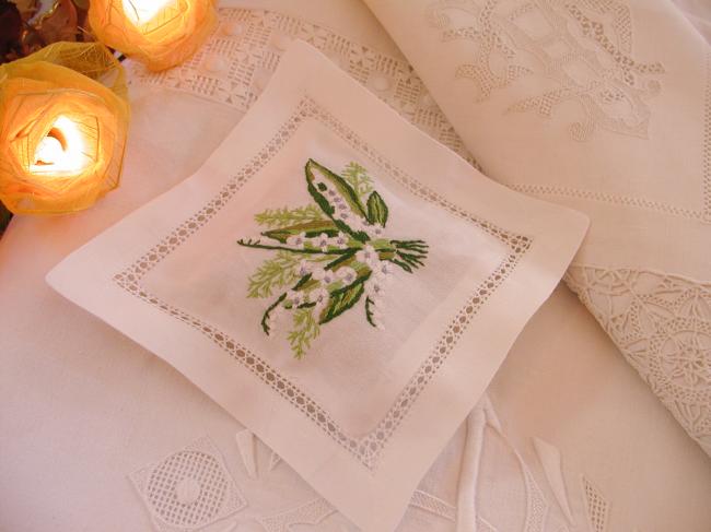 Sweet lavender sachet with hand-embroidered bouquet of lily of the valley