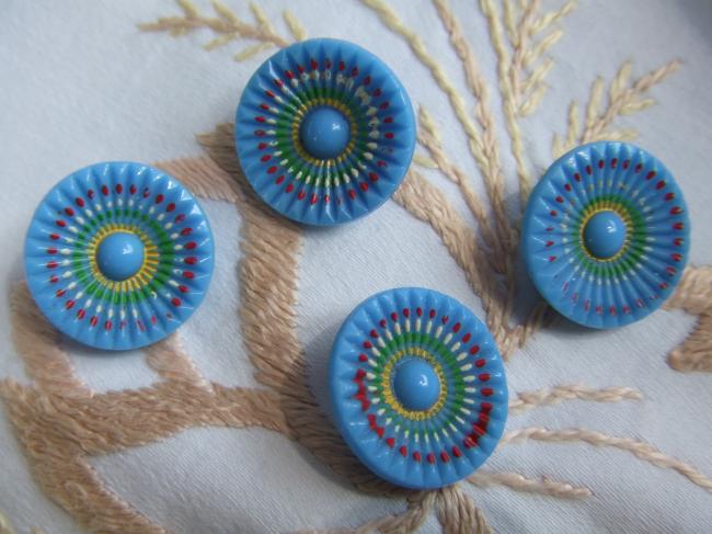 Superbe série de 6 boutons en verre moulé bleu avec décor de fanion multicolore