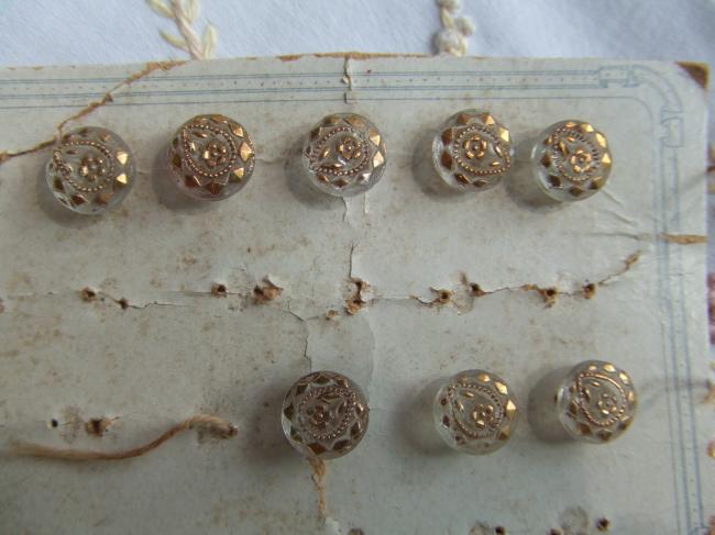 Merveilleuse série de 10 minis boutons en verre peint de fleurs d'or 1900