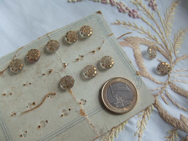 Merveilleuse série de 10 minis boutons en verre peint de fleurs d'or 1900