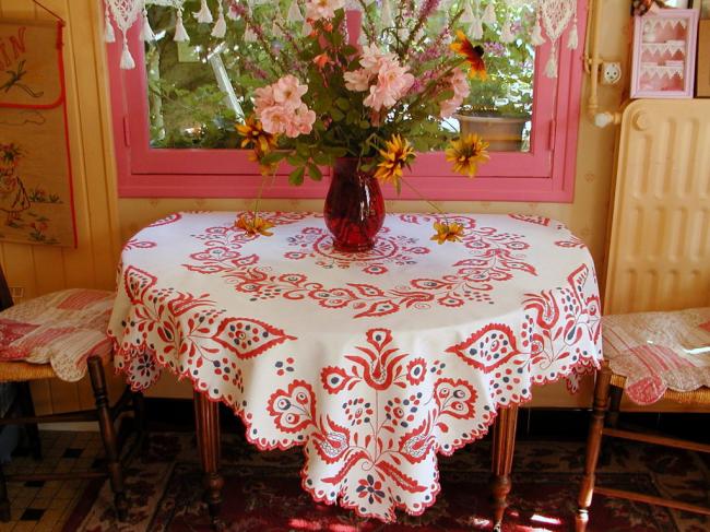 Superb crewel or jacobean  hand-embroidered tablecloth