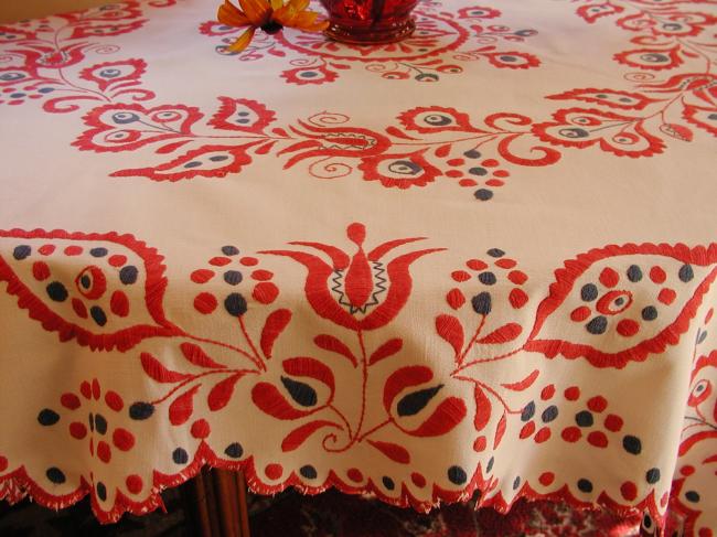 Superb crewel or jacobean  hand-embroidered tablecloth