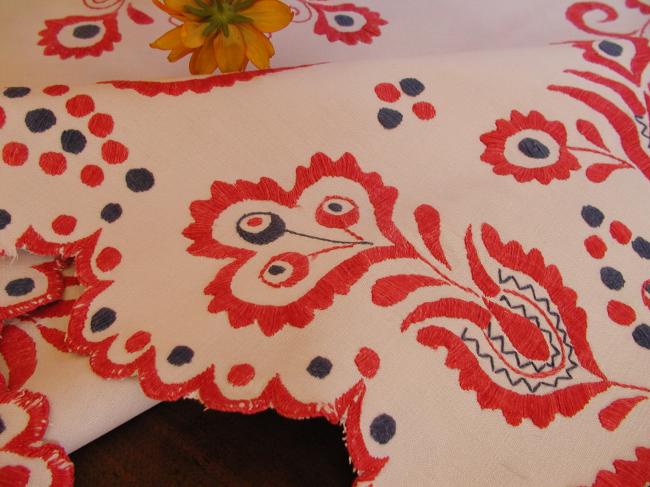 Superb crewel or jacobean  hand-embroidered tablecloth