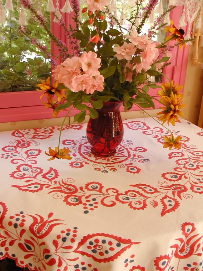 Superb crewel or jacobean  hand-embroidered tablecloth