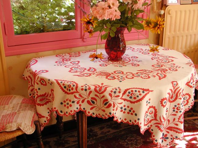 Superb crewel or jacobean  hand-embroidered tablecloth