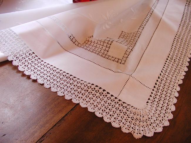 Lovely tablecloth with hand drawn thread works and irish crochet lace