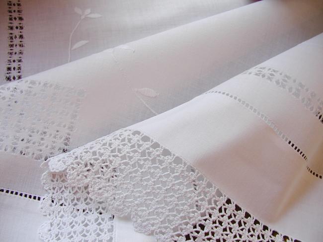 Lovely tablecloth with hand drawn thread works and irish crochet lace