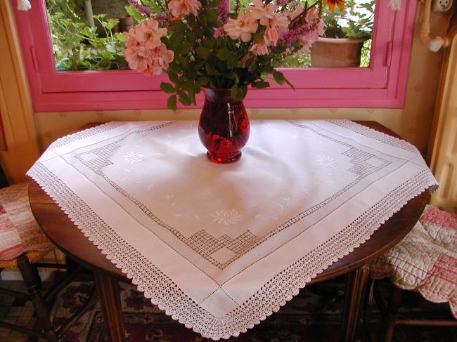 Lovely tablecloth with hand drawn thread works and irish crochet lace