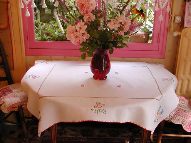 Lovely pur fine linen tablecloth with wild hand-embroidered flowers