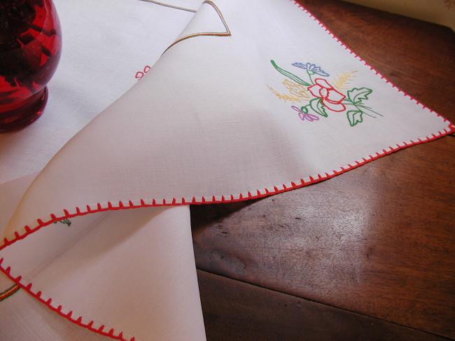 Lovely pur fine linen tablecloth with wild hand-embroidered flowers