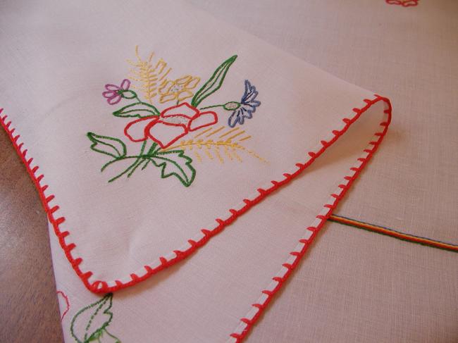 Lovely pur fine linen tablecloth with wild hand-embroidered flowers