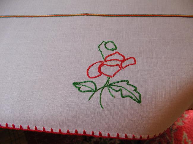 Lovely pur fine linen tablecloth with wild hand-embroidered flowers