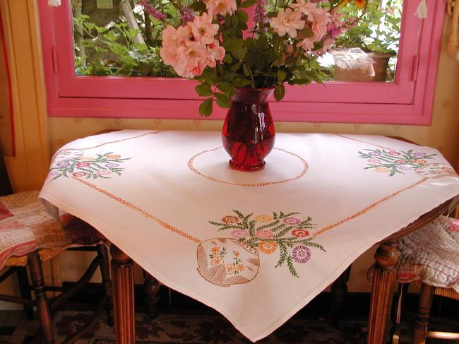 Gorgeous tablecloth with hand-embroidered large vase of flowers