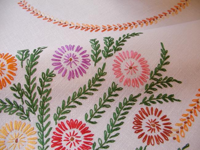 Gorgeous tablecloth with hand-embroidered large vase of flowers