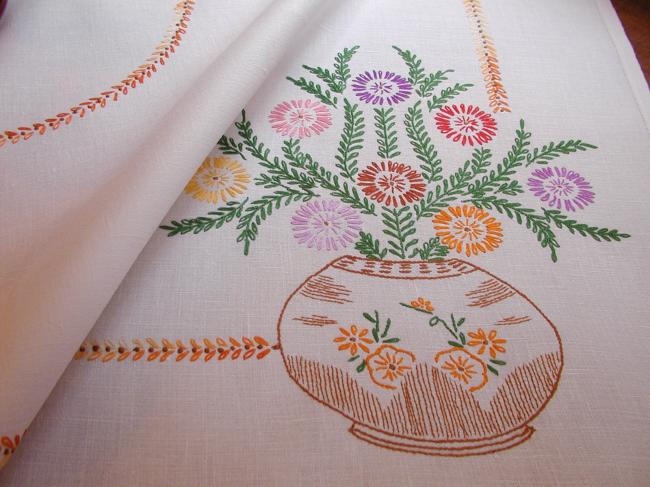 Gorgeous tablecloth with hand-embroidered large vase of flowers