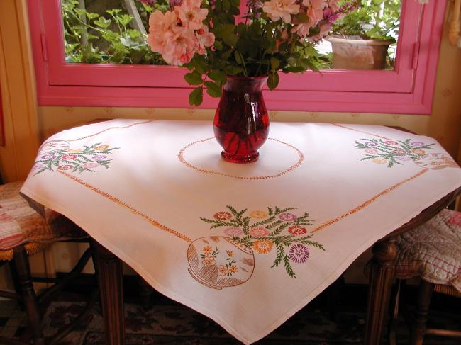 Gorgeous tablecloth with hand-embroidered large vase of flowers