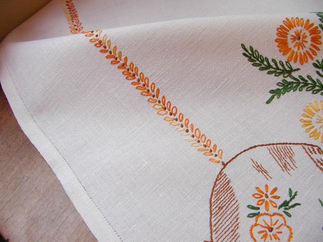 Gorgeous tablecloth with hand-embroidered large vase of flowers