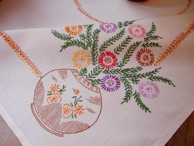 Gorgeous tablecloth with hand-embroidered large vase of flowers