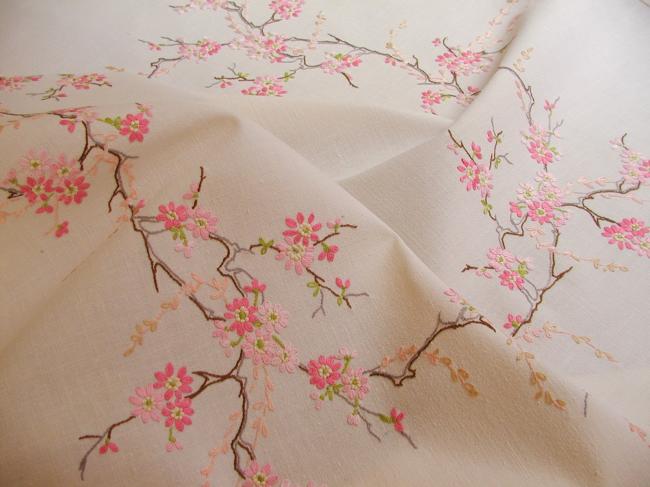 Enchanting small tablecloth with hand-embroidered blooming apple tree flowers