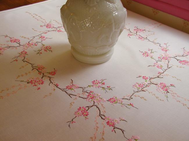 Enchanting small tablecloth with hand-embroidered blooming apple tree flowers