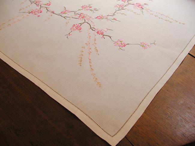 Enchanting small tablecloth with hand-embroidered blooming apple tree flowers