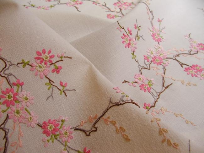 Enchanting small tablecloth with hand-embroidered blooming apple tree flowers