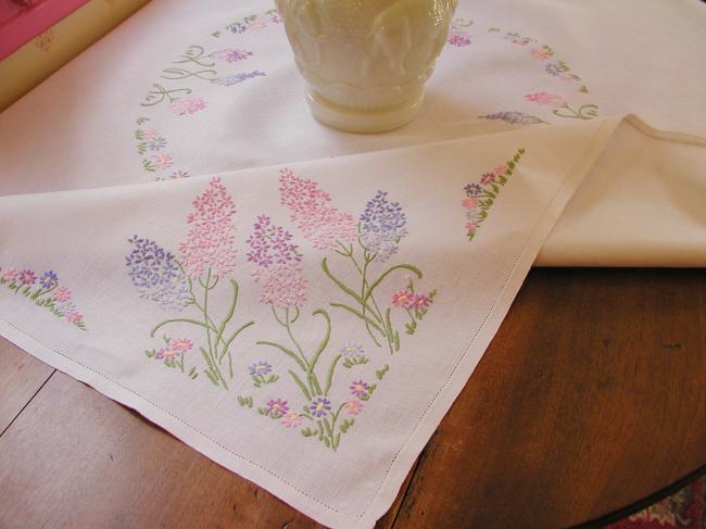 Enchanting tablecloth with hand-embroidered wild hyacinths & tiny flowers