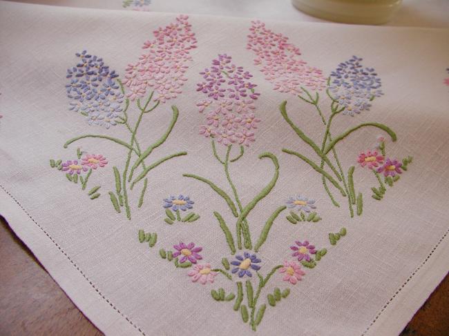 Enchanting tablecloth with hand-embroidered wild hyacinths & tiny flowers