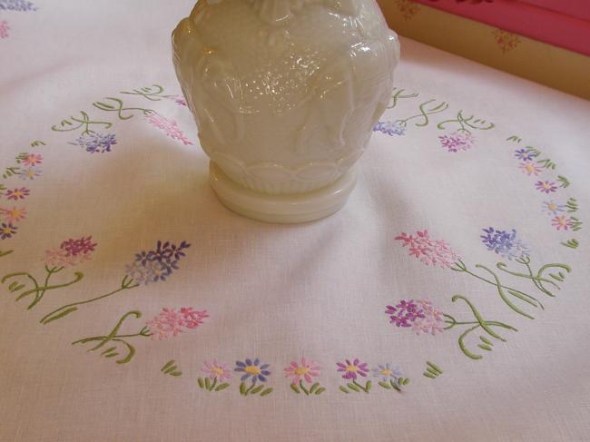 Enchanting tablecloth with hand-embroidered wild hyacinths & tiny flowers