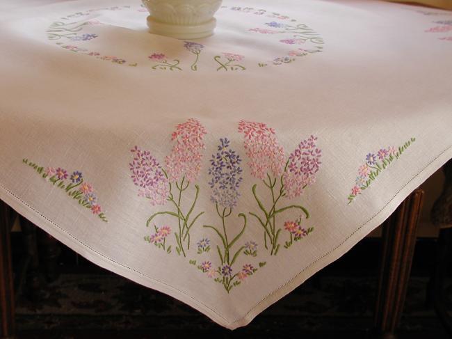 Enchanting tablecloth with hand-embroidered wild hyacinths & tiny flowers