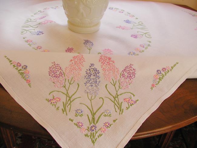 Enchanting tablecloth with hand-embroidered wild hyacinths & tiny flowers