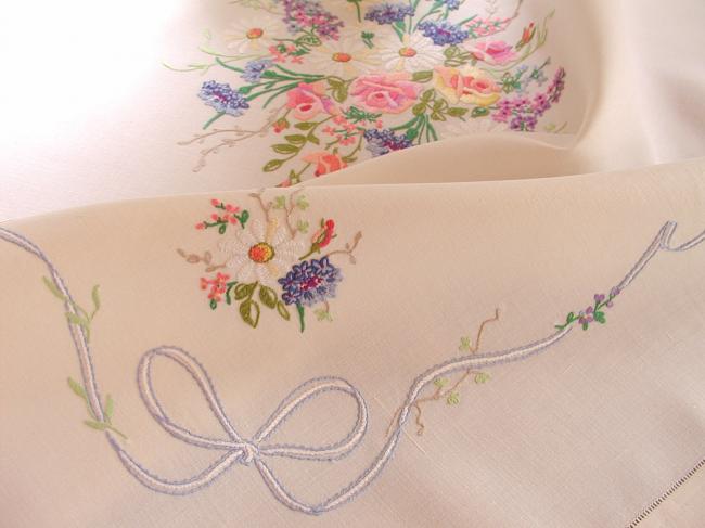 Breathtaking tablecloth with hand-embroidered large bouquet of spring flowers