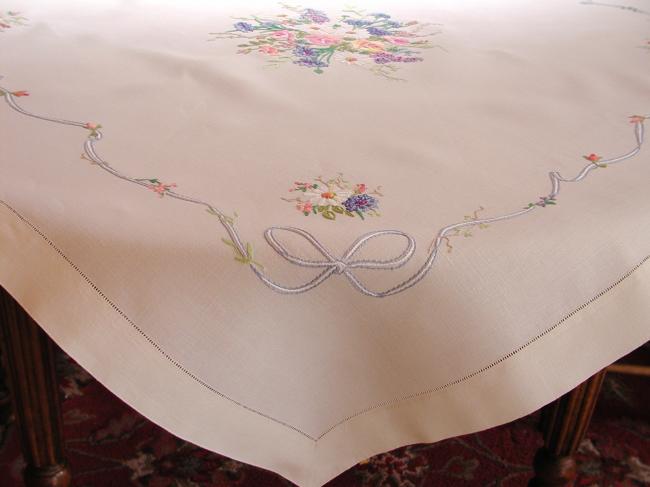 Breathtaking tablecloth with hand-embroidered large bouquet of spring flowers