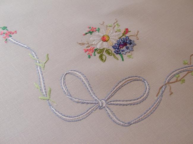 Breathtaking tablecloth with hand-embroidered large bouquet of spring flowers