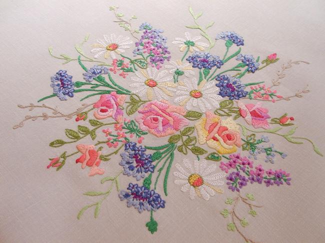 Breathtaking tablecloth with hand-embroidered large bouquet of spring flowers