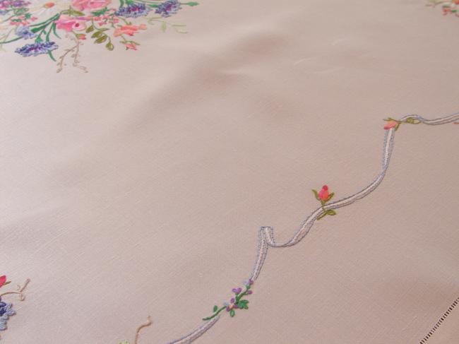 Breathtaking tablecloth with hand-embroidered large bouquet of spring flowers