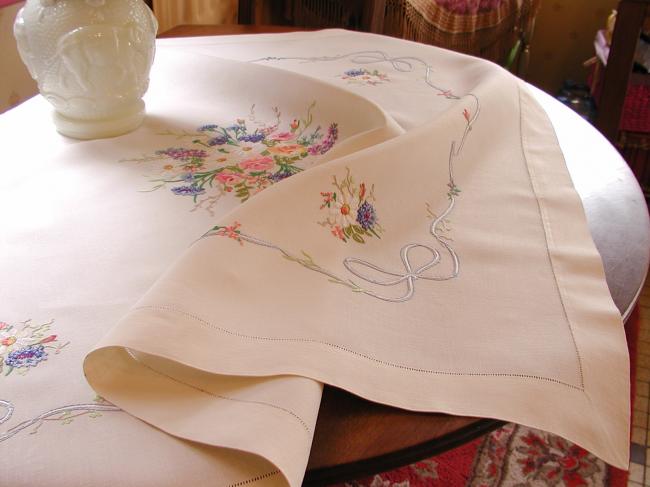 Breathtaking tablecloth with hand-embroidered large bouquet of spring flowers