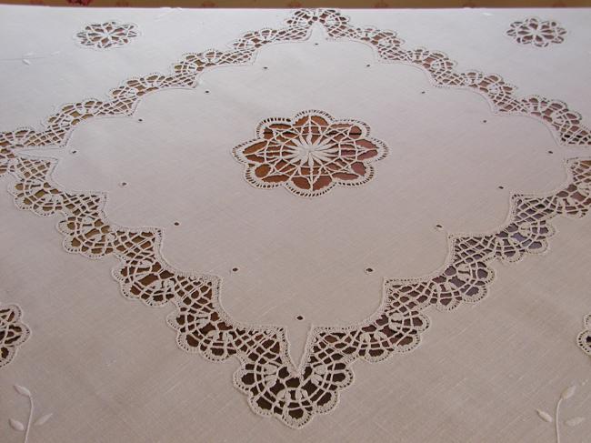 Superb tablecloth with Richelieu openwork and Cluny lace inserts 1900