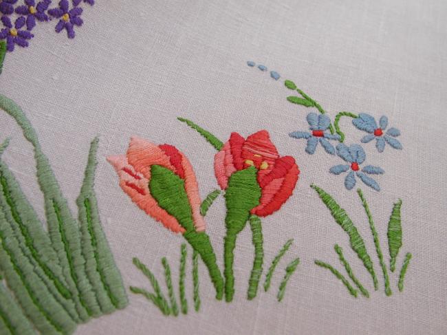 Lovely tablecloth with hand-embroidered hyacinths, crocus and spring flowers