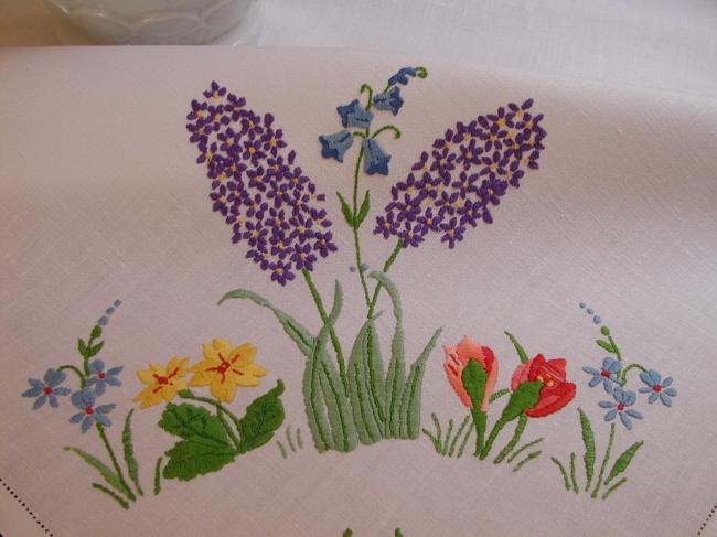 Lovely tablecloth with hand-embroidered hyacinths, crocus and spring flowers