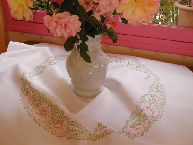 Stunning tablecloth with hand-embroidered crown of wild roses