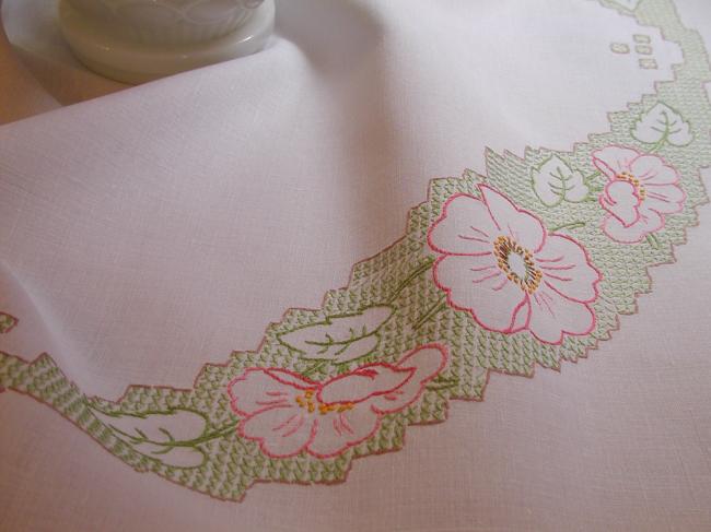 Stunning tablecloth with hand-embroidered crown of wild roses