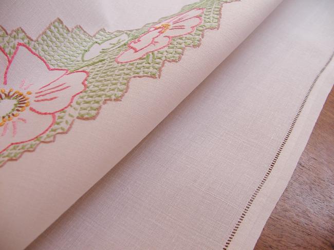 Stunning tablecloth with hand-embroidered crown of wild roses